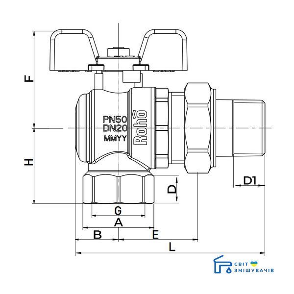 Кран з американкою Roho R106-100B - 1" кутовий (RO0115) RO0115 фото