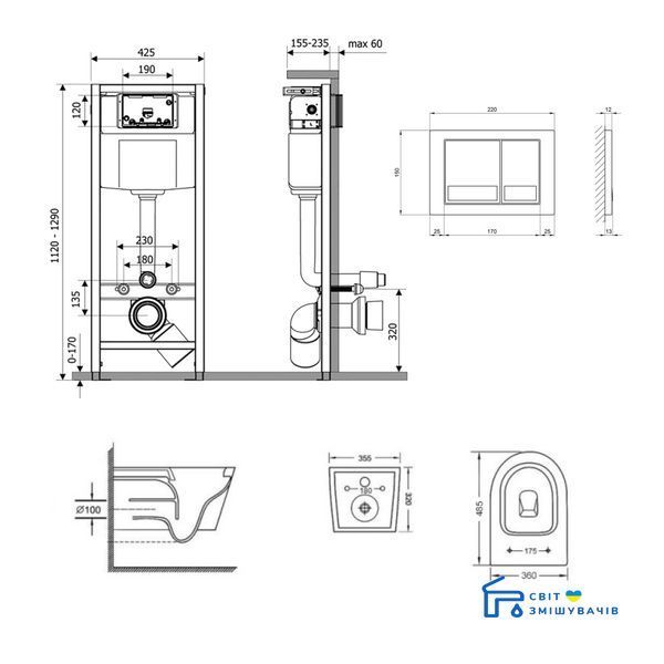 Комплект: Qtap Swan Ultra Quiet унітаз підвісний QT16335179W + Nest комплект інсталяції 4в1 (квадратна клавіша Satin) QT0133M425 + M06029SAT SD00051273 фото