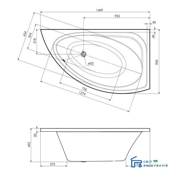 BLATNA ванна 150*90*49см асиметрична, права, без ніжок, акрил 6мм BLATNA150R фото