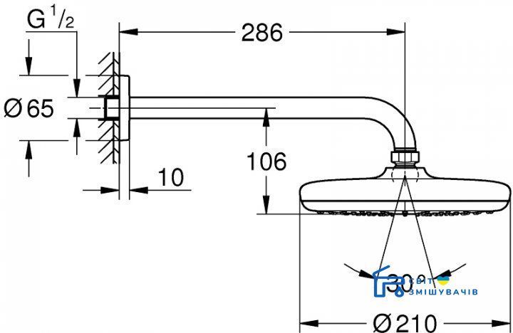 Верхній душ з настінним кронштейном Grohe New Tempesta Classic (26411000) 26411000 фото